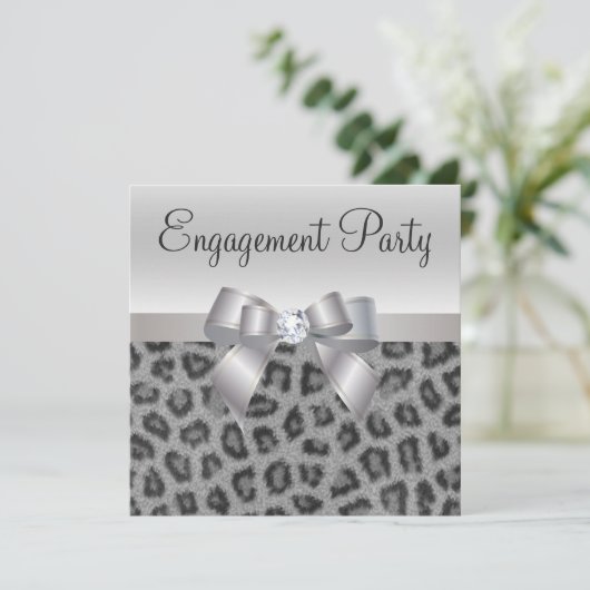 Leopard Print, Bow & Diamond Engagement Party Kaart (Staand voorkant)