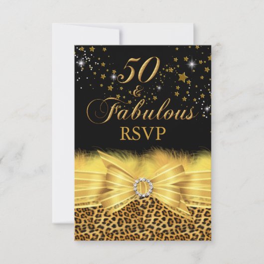 Leopard Print & Bow Gold 50 & Fabulous RSVP Kaart (Voorkant)