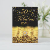 Leopard Print & Bow Gold 50 & Fabulous RSVP Kaart (Staand voorkant)