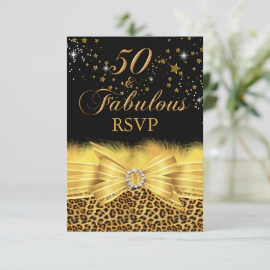 Leopard Print & Bow Gold 50 & Fabulous RSVP Kaart (Staand voorkant)
