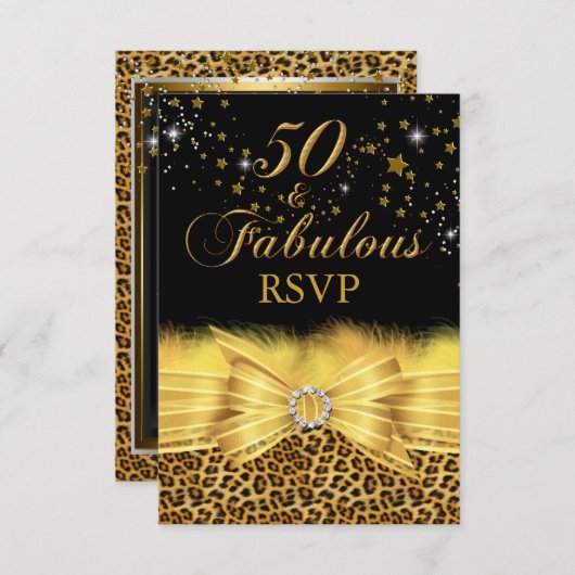 Leopard Print & Bow Gold 50 & Fabulous RSVP Kaart (Voorkant / Achterkant)