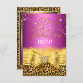 Leopard Print & Bow Pink 50 & Fabulous RSVP Kaart (Voorkant / Achterkant)