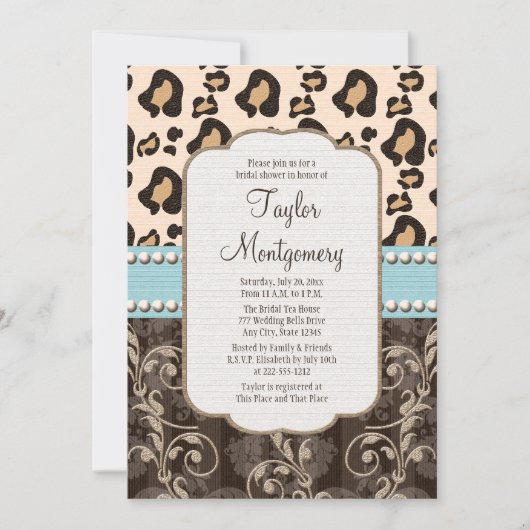 Leopard Print Bridal Shower Invitation Blue Kaart (Voorkant)