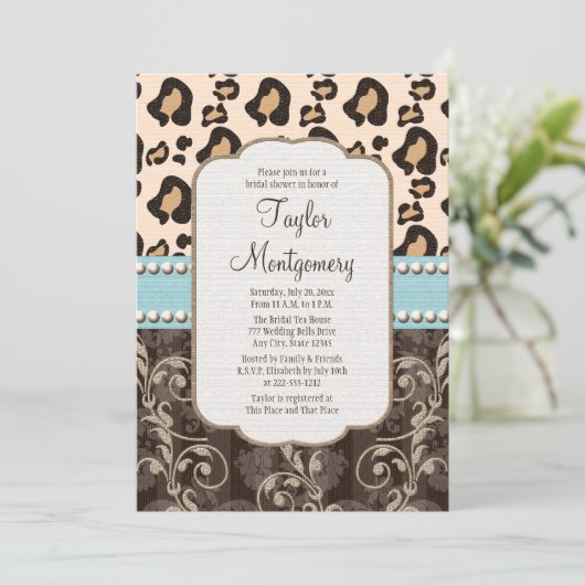 Leopard Print Bridal Shower Invitation Blue Kaart (Staand voorkant)
