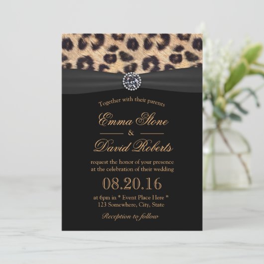 Leopard Print Bright Diamond Black Ribbon Wedding Kaart (Staand voorkant)