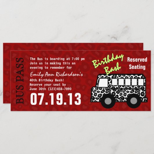 Leopard Print Bus Pass verjaardagsfeestje Programmakaart (Voorkant / Achterkant)