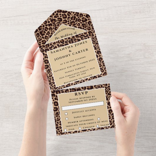 Leopard print Cheetah Brown Safari Animal Wedding All In One Uitnodiging (Afscheurbaar)
