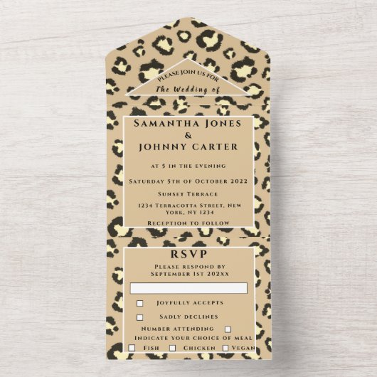 Leopard print Cheetah Brown Safari Animal Wedding All In One Uitnodiging (Binnen)