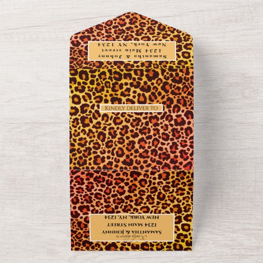 Leopard print Cheetah Brown Safari Animal Wedding All In One Uitnodiging (Buitenkant)