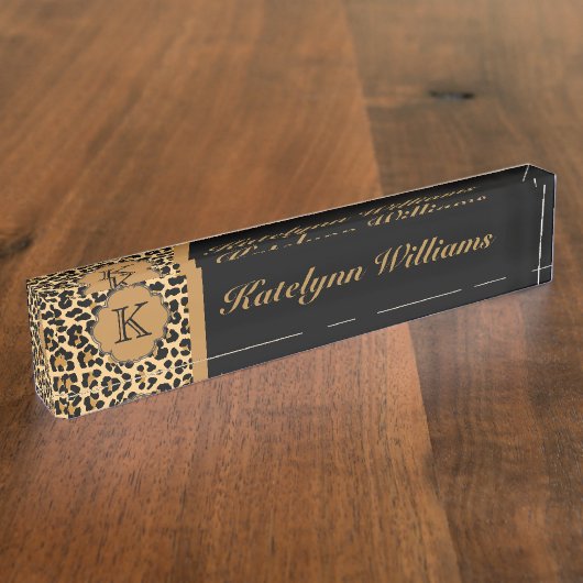 Leopard Print Custom Monogram Desk Name Bord Naambordje (Zijkant)