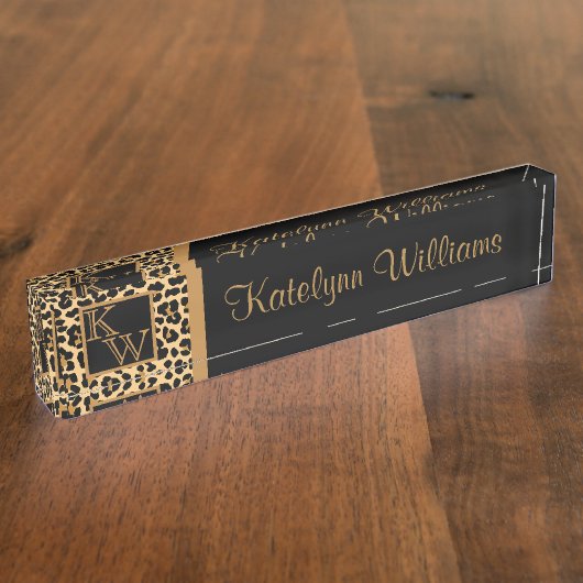 Leopard Print Custom Monogram Desk Name Bord Naambordje (Zijkant)