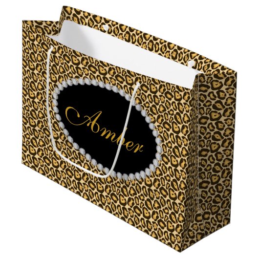 Leopard Print Diamond Monogram Lg Gift Bag Large Cadeautasje (Voorkant Gekanteld)