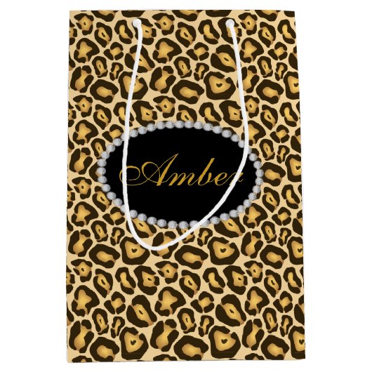Leopard Print Diamonds & Name Monogram Medium Cadeauzakje (Voorkant)