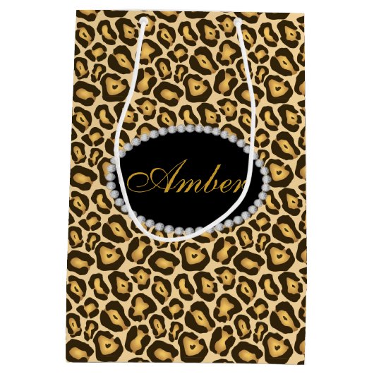 Leopard Print Diamonds & Name Monogram Medium Cadeauzakje (Achterkant)