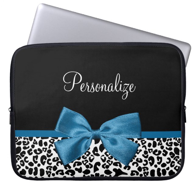 Leopard Print Dierenmotief  Blauw Boog Laptop Sleeve (Voorkant)