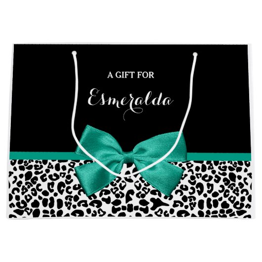Leopard Print Emerald Green Ribbon Bow Naam Groot Cadeauzakje (Voorkant)