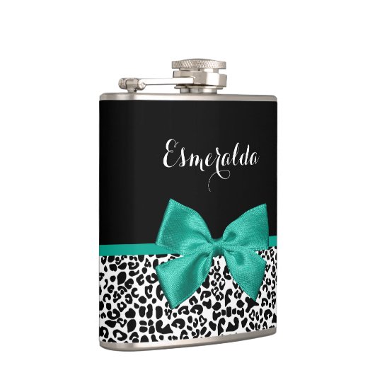 Leopard Print Emerald Green Ribbon Bow Naam Heupfles (Rechts)