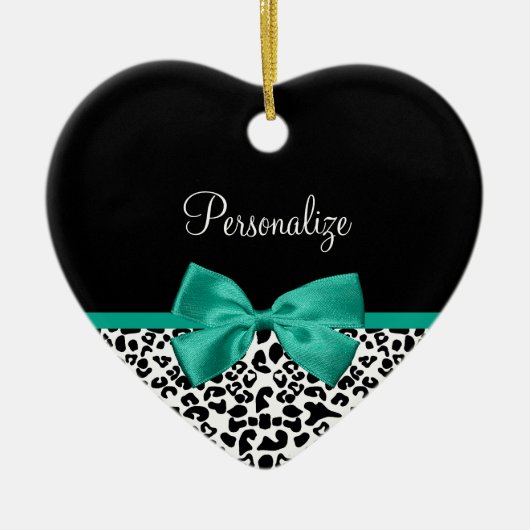 Leopard Print Emerald Green Ribbon Bow Naam Keramisch Ornament (Voorkant)