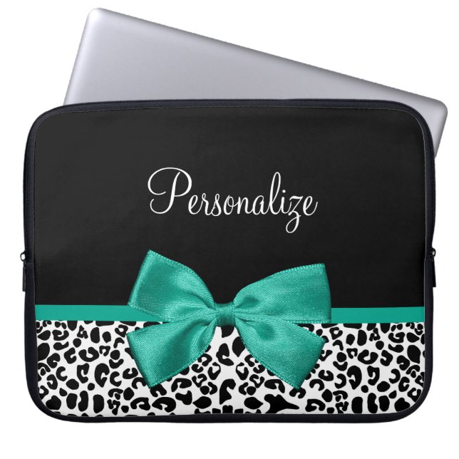 Leopard Print Emerald Green Ribbon Bow Naam Laptop Sleeve (Voorkant)