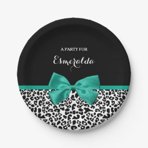 Leopard Print Emerald Green Ribbon Bow Naam Papieren Bordje