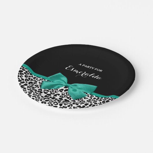 Leopard Print Emerald Green Ribbon Bow Naam Papieren Bordje (Gekanteld)
