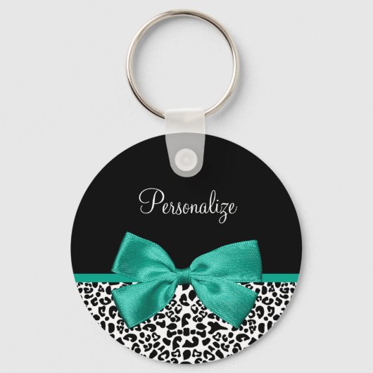 Leopard Print Emerald Green Ribbon Bow Naam Sleutelhanger (Voorkant)