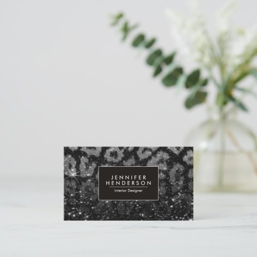 Leopard Print en Black Glitter Visitekaartje (Staand voorkant)