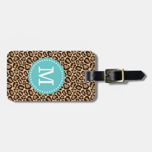 Leopard Print en Turquoise Custom Monogram Bagagelabel (Voorkant horizontaal)