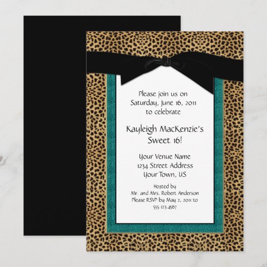 Leopard Print en Turquoise Sweet 16 Uitnodiging (Voorkant / Achterkant)