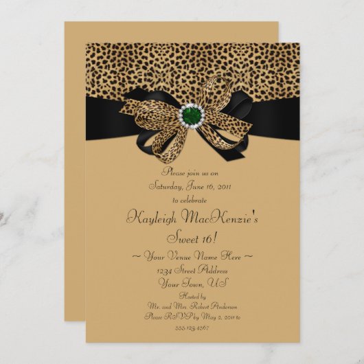 Leopard Print FAUX Emeralds Diamonds Sweet 16 Invi Kaart (Voorkant / Achterkant)