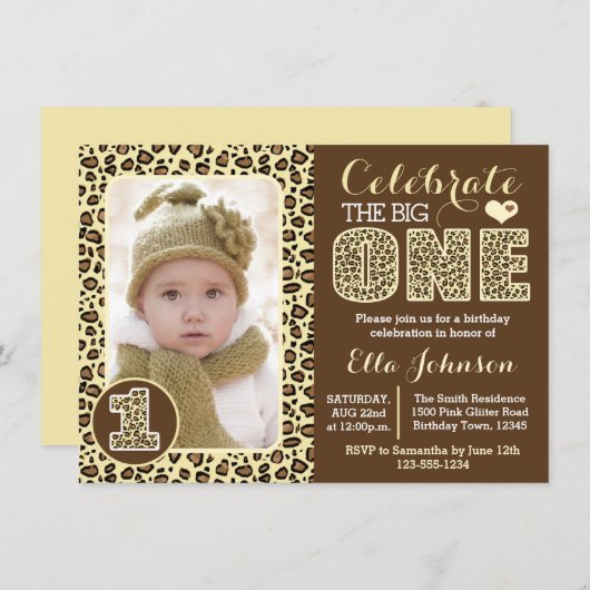 Leopard Print First Birthday Party Invitation Kaart (Voorkant / Achterkant)