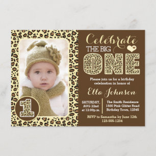 Leopard Print First Birthday Party Invitation Kaart
