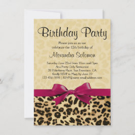 Leopard Print Fuchsia Pink Bow Girl Birthday Party Kaart