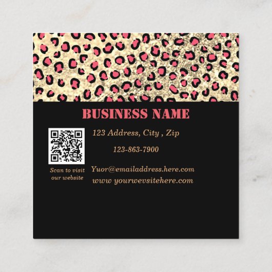 Leopard Print Glitter Zwart QR Code Korting Kaart Vierkante Visitekaartje (Achterkant)