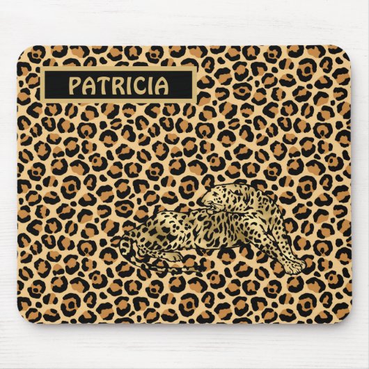 Leopard Print Gold Brown Funky Fun Naam Muismat (Voorkant)