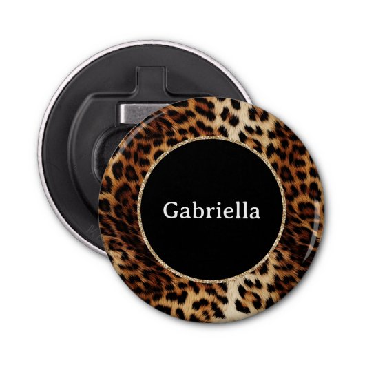 Leopard Print Gold Glitter Sparkle Lijst Button Flesopener (Voorkant)