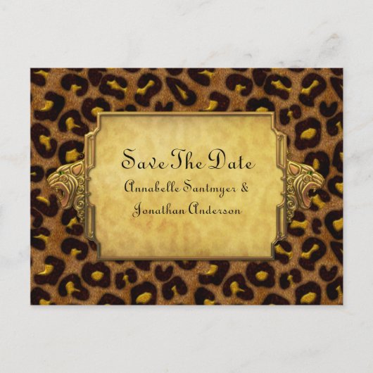 Leopard Print Gold Leopard Heads Sla de datum op Aankondigingskaart (Voorkant)