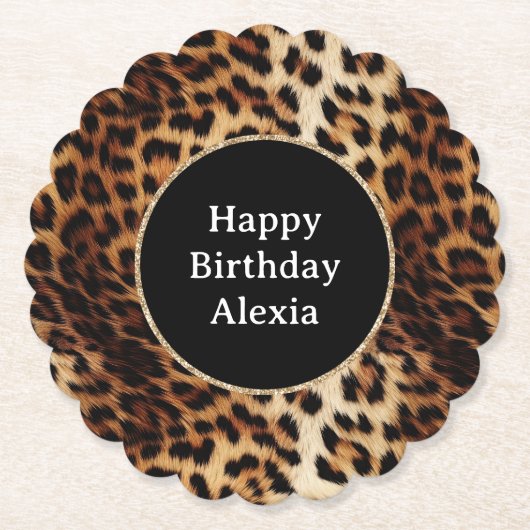 Leopard Print Gouden Glitter Sparkle Lijst Verjaar Kartonnen Onderzetters (Voorkant)