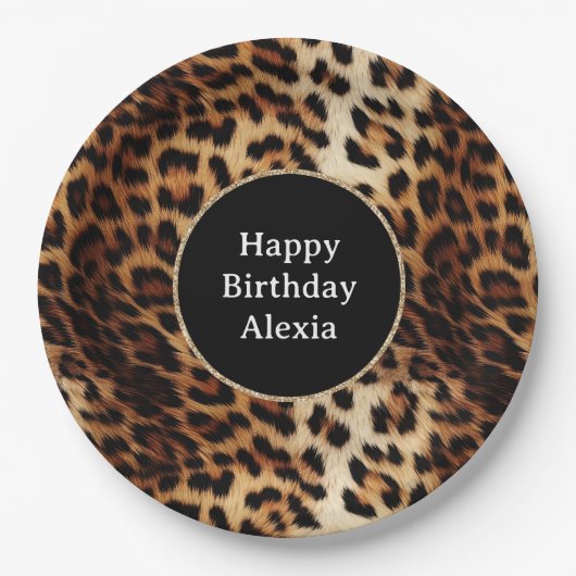 Leopard Print Gouden Glitter Sparkle Lijst Verjaar Papieren Bordje (Voorkant)