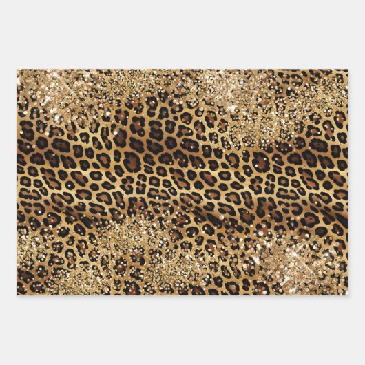 Leopard Print Gouden Glitzy Glitter Glitter Inpakpapier Vel (Voorkant)