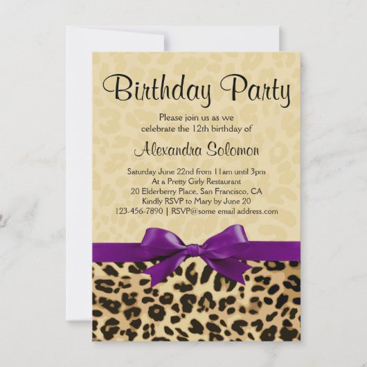 Leopard Print Grape Paarse Bow Girl Birthday Party Kaart (Voorkant)