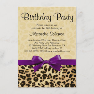 Leopard Print Grape Paarse Bow Girl Birthday Party Kaart