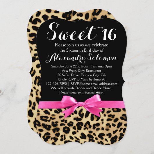 Leopard Print Hot Pink Bow Sweet 16th Birthday Kaart (Voorkant / Achterkant)