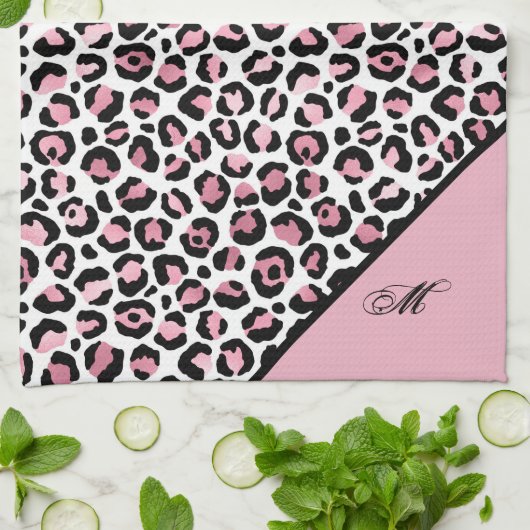 Leopard Print in roze wit en zwart met monogram Theedoek (Gevouwen)