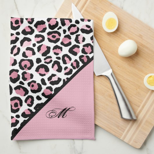 Leopard Print in roze wit en zwart met monogram Theedoek (Quarter Fold)