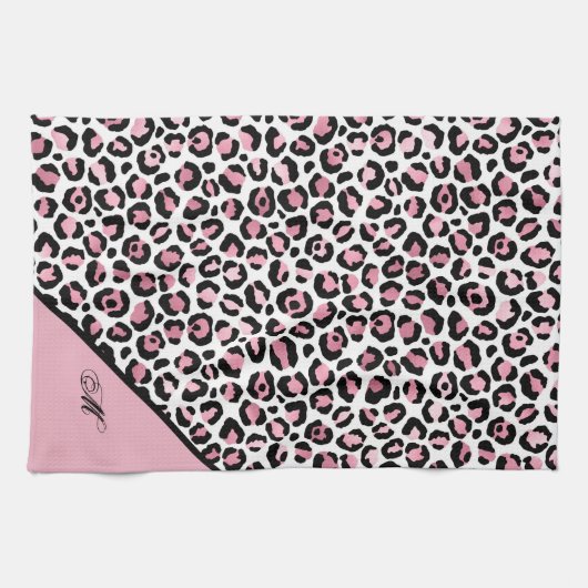 Leopard Print in roze wit en zwart met monogram Theedoek (Horizontaal)