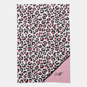 Leopard Print in roze wit en zwart met monogram Theedoek