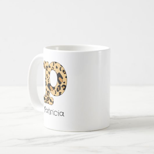 Leopard Print Initiaal Onderkast p en Naam Koffiemok (Voorkant links)