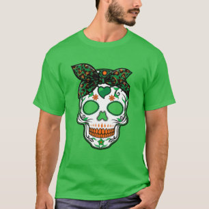 Leopard Print Irish Sugar Skull S Women St Patrick T-shirt