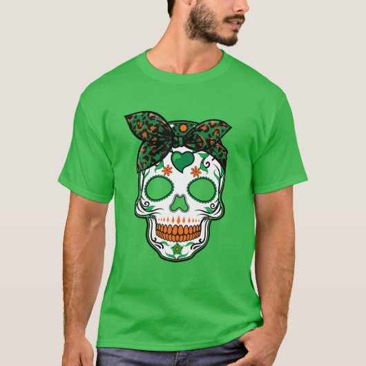 Leopard Print Irish Sugar Skull S Women St Patrick T-shirt (Voorkant)